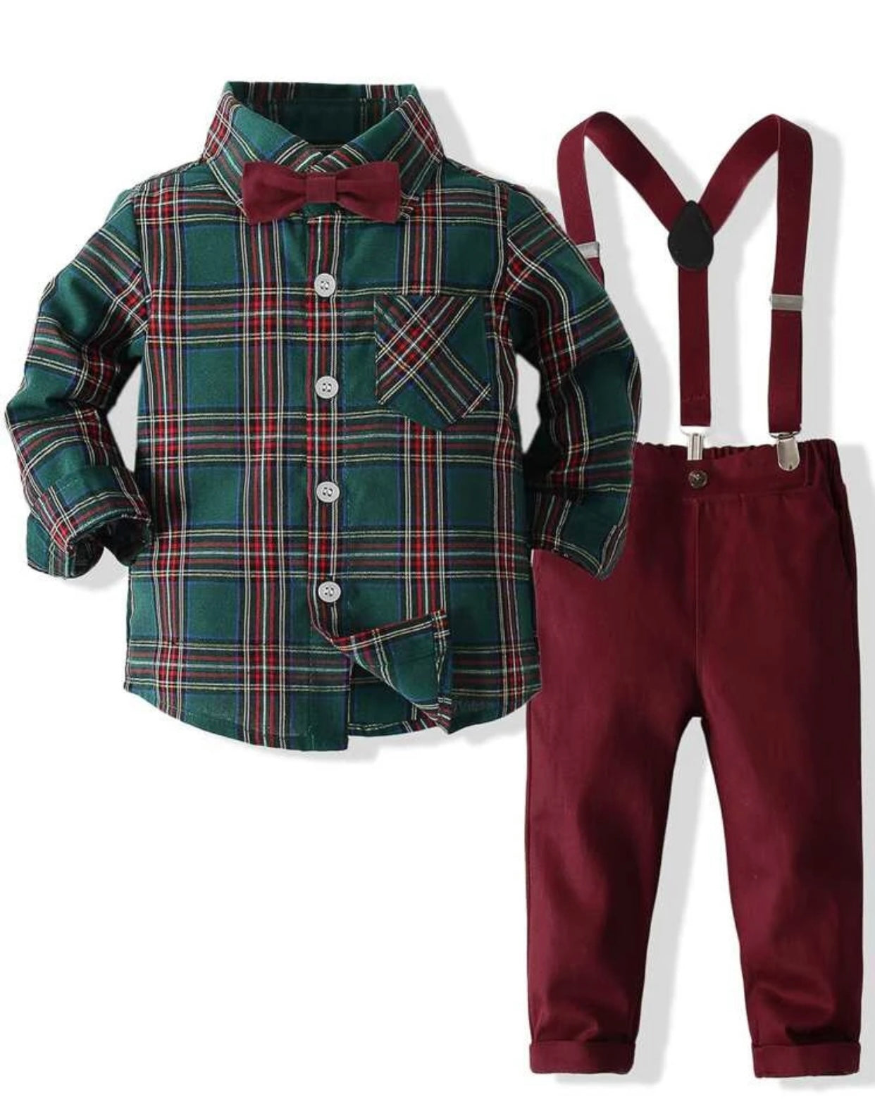 Plaid bow shirt & overall pants