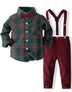Plaid bow shirt & overall pants