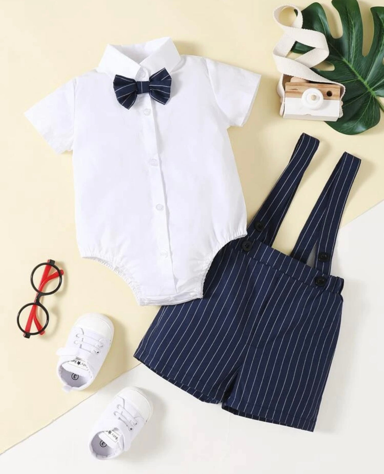 Baby Stanley Bow Shirt & Stripe Suspender Shorts